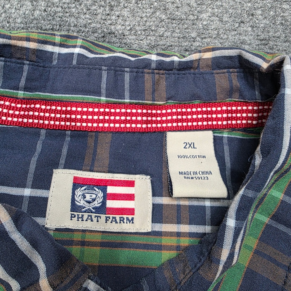 Phat Farm Mens Plaid Short Sleeve Button Up Shirt Fuel Gasoline Patches Size 2XL